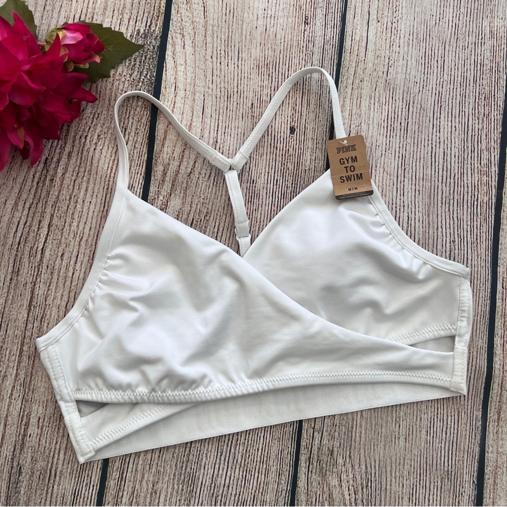 F1 - PINK VS white spaghetti strap swim to gym sports bra swim top MEDIUM